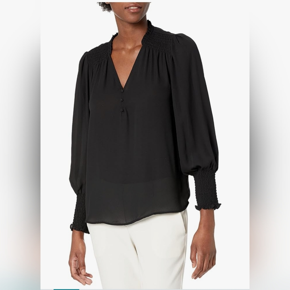 Aqua Black Women's Blouse with Smocking And Button Detail Size S